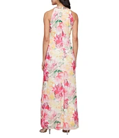 Ignite Evenings Petite Size Floral Print Halter Sleeveless Maxi Dress
