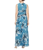 Ignite Evenings Petite Size Floral Print Surplice V-Neck Sleeveless Ruched Waist Chiffon Maxi Dress