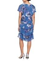 Ignite Evenings Petite Size Floral Printed Chiffon Embellished V-Neck Tiered Shift Dress