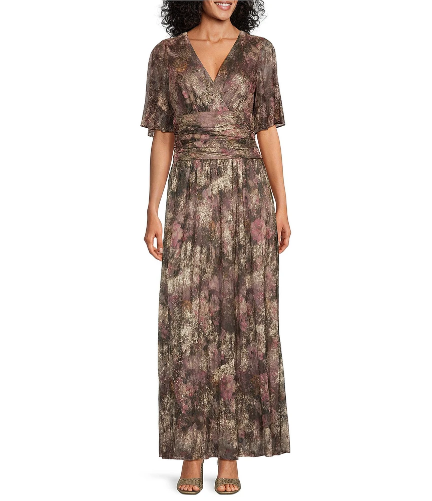 Ignite Evenings Petite Size Foil Print Shimmer Surplice V-Neck Capelet Short Sleeves A-Line Dress