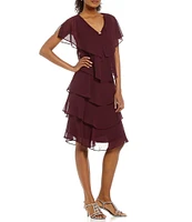 Ignite Evenings Petite Size Georgette V-Neck Short Sleeve Tiered Capelet Shift Dress