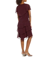 Ignite Evenings Petite Size Georgette V-Neck Short Sleeve Tiered Capelet Shift Dress