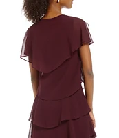 Ignite Evenings Petite Size Georgette V-Neck Short Sleeve Tiered Capelet Shift Dress