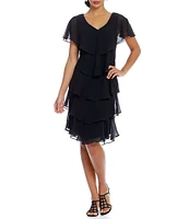 Ignite Evenings Petite Size Georgette V-Neck Short Sleeve Tiered Capelet Shift Dress