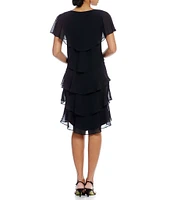 Ignite Evenings Petite Size Georgette V-Neck Short Sleeve Tiered Capelet Shift Dress