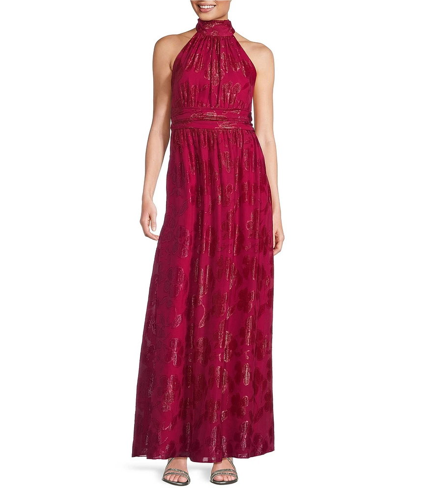 Ignite Evenings Petite Size Halter Neck Sleeveless Burnout Chiffon Dress