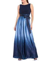 Ignite Evenings Petite Size Boat Neck Ombre Satin Bow Sleeveless Gown