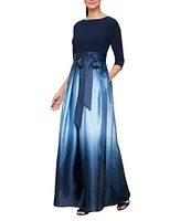 Ignite Evenings Petite Size Boat Neck 3/4 Sleeve Belted Bow Detail Ombre Satin Pleated Ball Gown