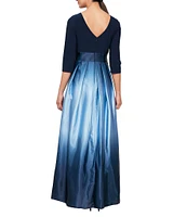 Ignite Evenings Petite Size Boat Neck 3/4 Sleeve Belted Bow Detail Ombre Satin Pleated Ball Gown