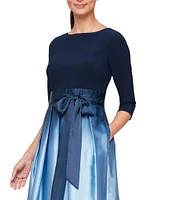 Ignite Evenings Petite Size Boat Neck 3/4 Sleeve Belted Bow Detail Ombre Satin Pleated Ball Gown