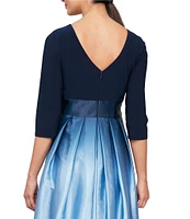 Ignite Evenings Petite Size Boat Neck 3/4 Sleeve Belted Bow Detail Ombre Satin Pleated Ball Gown