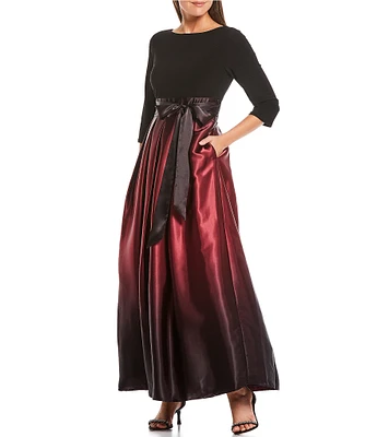 Ignite Evenings Petite Size Boat Neck 3/4 Sleeve Belted Bow Detail Ombre Satin Pleated Ball Gown