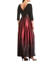 Ignite Evenings Petite Size Boat Neck 3/4 Sleeve Belted Bow Detail Ombre Satin Pleated Ball Gown