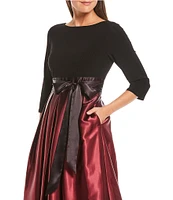 Ignite Evenings Petite Size Boat Neck 3/4 Sleeve Belted Bow Detail Ombre Satin Pleated Ball Gown