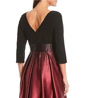 Ignite Evenings Petite Size Boat Neck 3/4 Sleeve Belted Bow Detail Ombre Satin Pleated Ball Gown