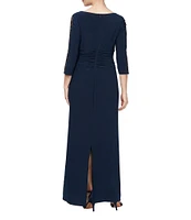 Ignite Evenings Petite Size Ruched Waist Embellished Illusion Sleeve Gown