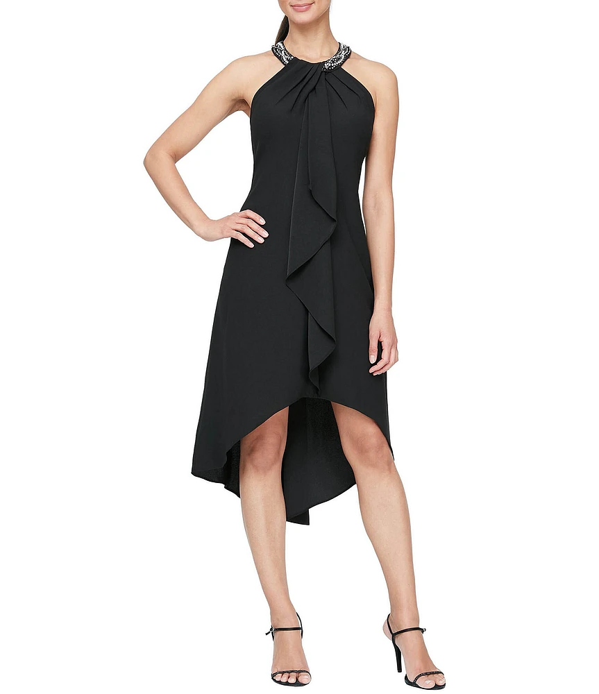 Ignite Evenings Petite Size Satin Back Crepe Beaded High-Low Halter Neck Sleeveless Dress