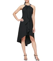 Ignite Evenings Petite Size Satin Back Crepe Beaded High-Low Halter Neck Sleeveless Dress