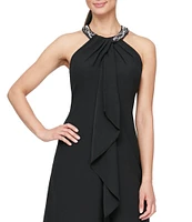 Ignite Evenings Petite Size Satin Back Crepe Beaded High-Low Halter Neck Sleeveless Dress