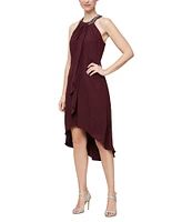 Ignite Evenings Petite Size Satin Back Crepe Beaded High-Low Halter Neck Sleeveless Dress