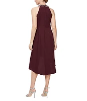 Ignite Evenings Petite Size Satin Back Crepe Beaded High-Low Halter Neck Sleeveless Dress