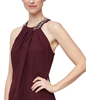 Ignite Evenings Petite Size Satin Back Crepe Beaded High-Low Halter Neck Sleeveless Dress