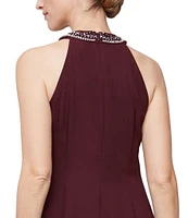 Ignite Evenings Petite Size Satin Back Crepe Beaded High-Low Halter Neck Sleeveless Dress