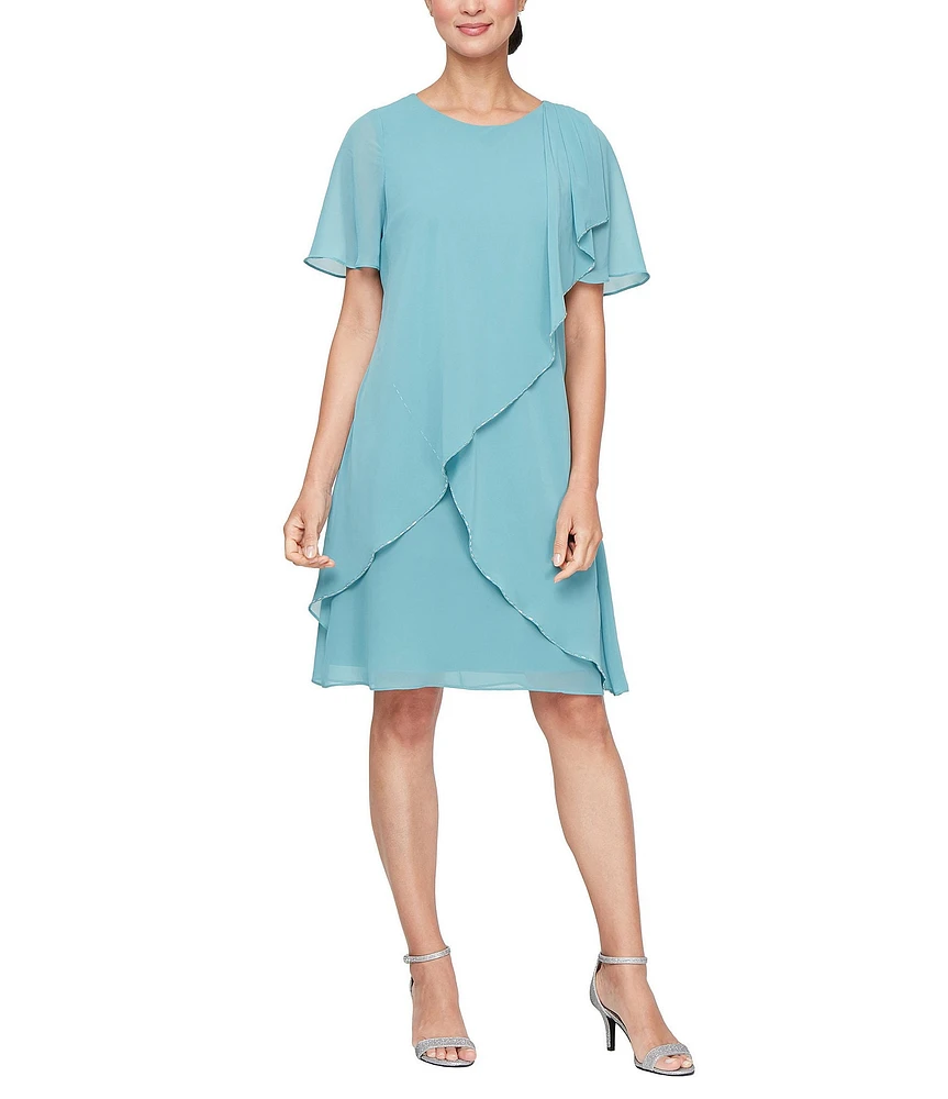 Ignite Evenings Petite Size Scoop Neck Short Sleeve Bugle Embellished Tulip Overlay Dress