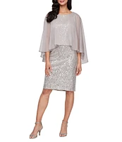 Ignite Evenings Petite Size Sequin Boat Neck 3/4 Chiffon Overlay Sleeves Sheath Dress