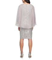 Ignite Evenings Petite Size Sequin Boat Neck 3/4 Chiffon Overlay Sleeves Sheath Dress