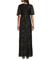 Ignite Evenings Petite Size Sequin Surplice V-Neck Flutter Sleeves A-line Dress