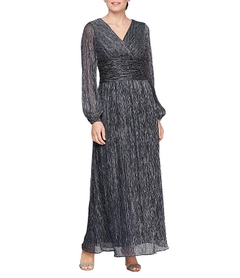 Ignite Evenings Petite Size Shimmer Bodre Surplice Neck Long Sleeve Ruched Waist A-Line Dress