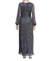 Ignite Evenings Petite Size Shimmer Bodre Surplice Neck Long Sleeve Ruched Waist A-Line Dress