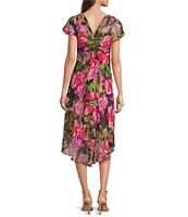 Ignite Evenings Petite Size Short Flutter Sleeve Cowl Neck V-Back Floral Dress