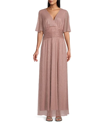 Ignite Evenings Petite Size Short Flutter Sleeve Surplice V-Neck Ruched Waist Gown