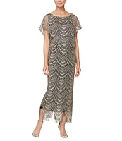 Ignite Evenings Petite Size Boat Neck Short Sleeve Crochet Blouson Fringe Gown