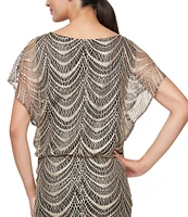 Ignite Evenings Petite Size Boat Neck Short Sleeve Crochet Blouson Fringe Gown