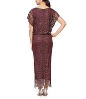 Ignite Evenings Petite Size Boat Neck Short Sleeve Crochet Blouson Fringe Gown