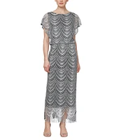 Ignite Evenings Petite Size Boat Neck Short Sleeve Crochet Blouson Fringe Gown