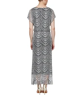 Ignite Evenings Petite Size Boat Neck Short Sleeve Crochet Blouson Fringe Gown