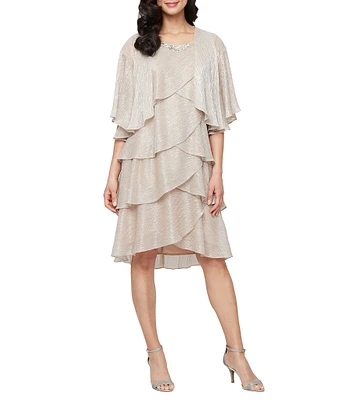 Ignite Evenings Petite Size Short Sleeve Embellished Crew Neck 2-Piece Jacket Dress