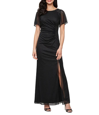 Ignite Evenings Petite Size Short Sleeve Boat Neck Front Slit Glitter Jersey Dress