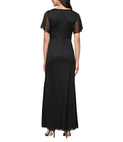 Ignite Evenings Petite Size Short Sleeve Boat Neck Front Slit Glitter Jersey Dress