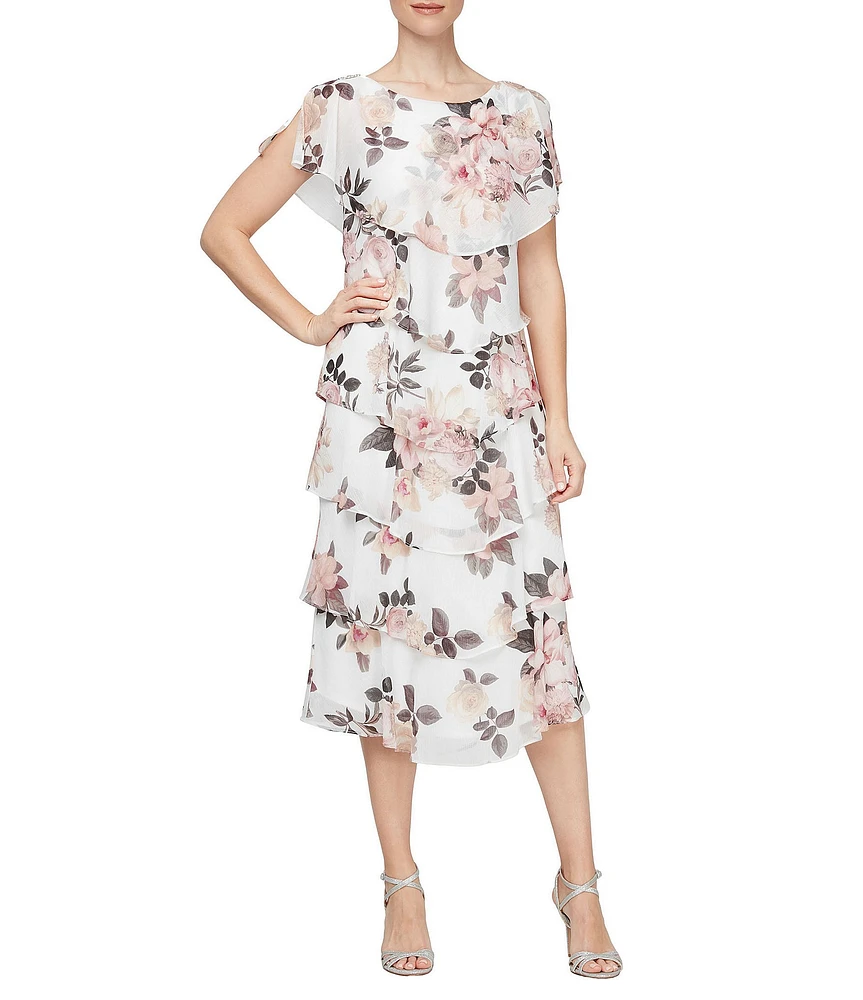 Ignite Evenings Petite Size Short Sleeve Tiered Floral Print Midi Dress