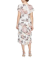 Ignite Evenings Petite Size Short Sleeve Tiered Floral Print Midi Dress