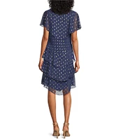 Ignite Evenings Petite Size Short Sleeve V-Neck Metallic Polka Dot Tiered Caplet Dress