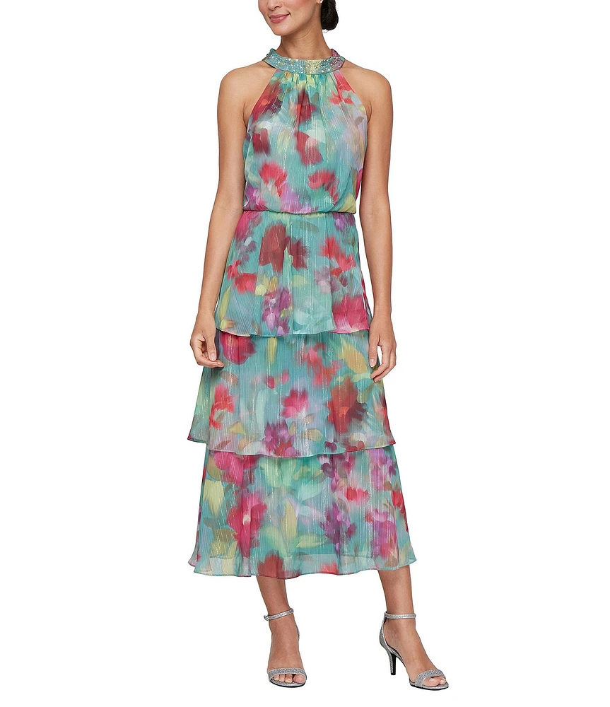 Ignite Evenings Petite Size Sleeveless Floral Print Tiered Chiffon Midi Dress