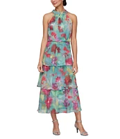 Ignite Evenings Petite Size Sleeveless Floral Print Tiered Chiffon Midi Dress