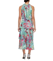 Ignite Evenings Petite Size Sleeveless Floral Print Tiered Chiffon Midi Dress
