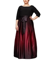 Ignite Evenings Plus Size 3/4 Sleeve Round Neck Ribbon Belted Detail Ombre Satin Ball Gown